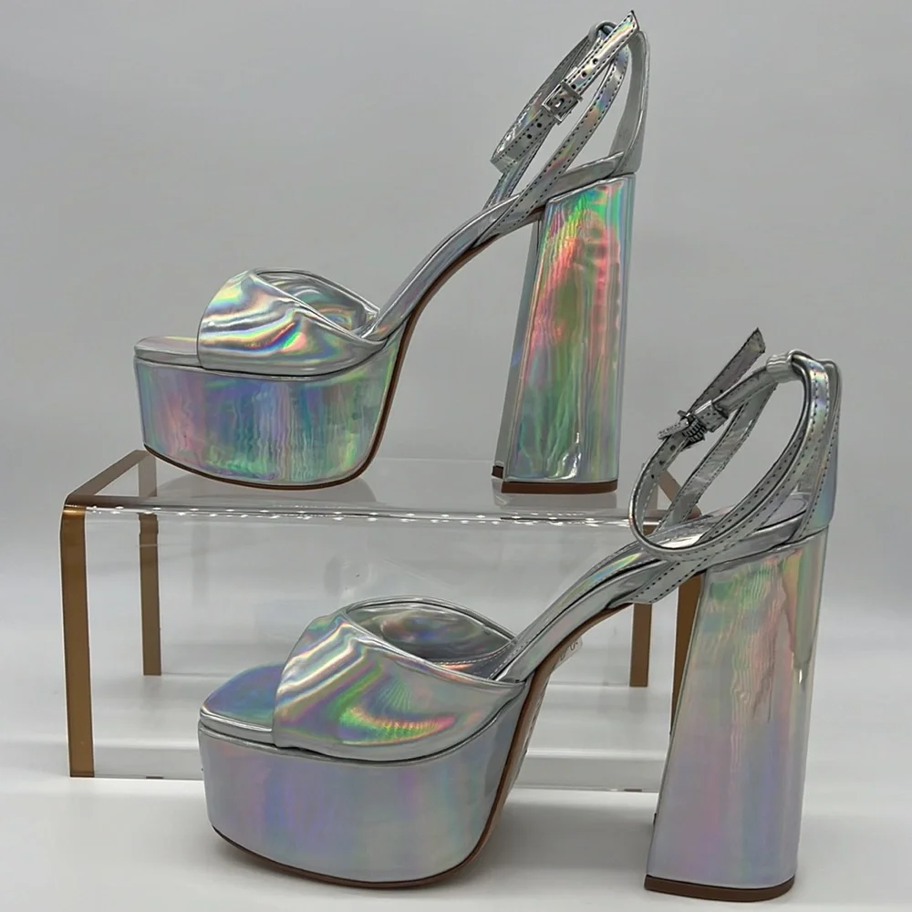 SCHUTZ NWB Aryia Metallic Faux Leather Platform Sandals Spechio Holographic